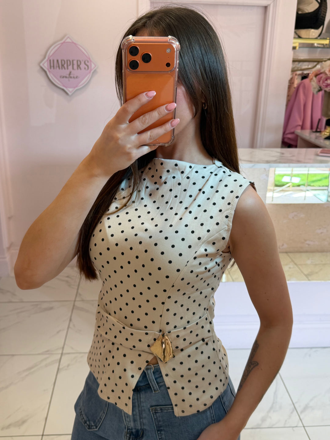 Beatrice Polka Dot Top With Gold Buckle Detail
