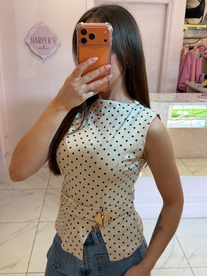 Beatrice Polka Dot Top With Gold Buckle Detail