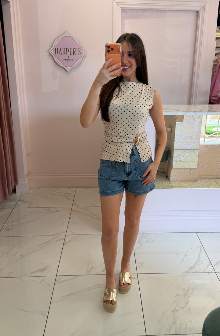 Beatrice Polka Dot Top With Gold Buckle Detail