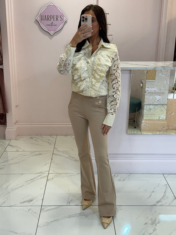 Kyrie Beige Gold Button Trousers