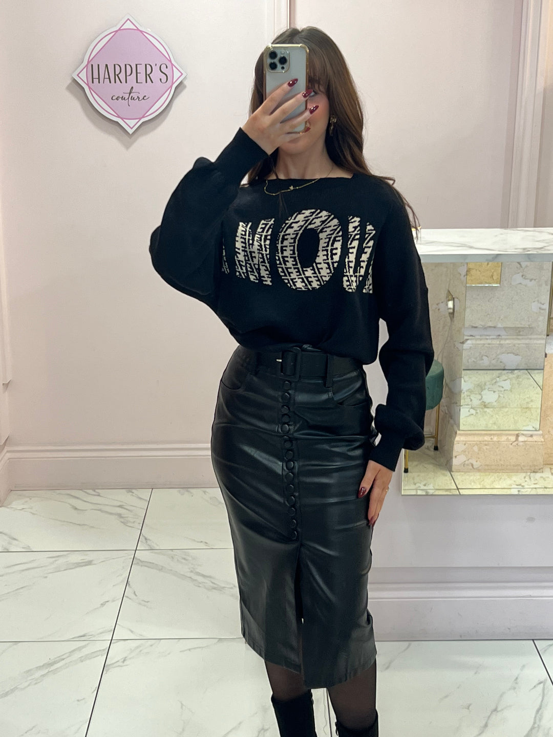 Kirsty Black Belted Faux Leather Midi Skirt
