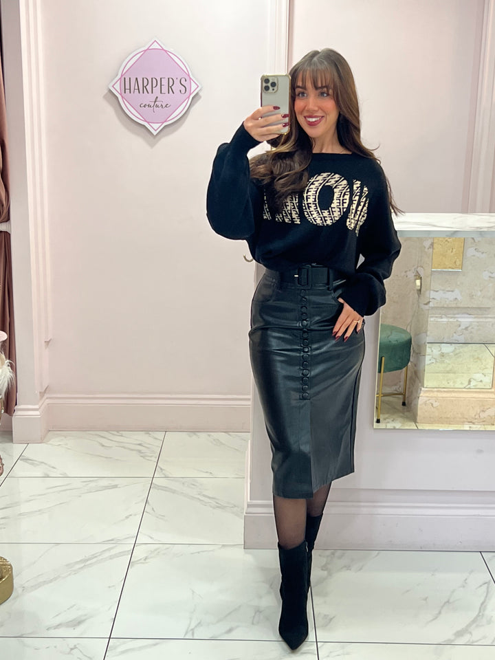 Kirsty Black Belted Faux Leather Midi Skirt