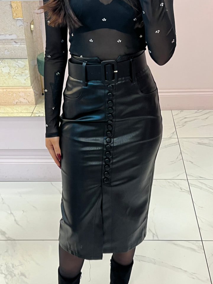 Kirsty Black Belted Faux Leather Midi Skirt