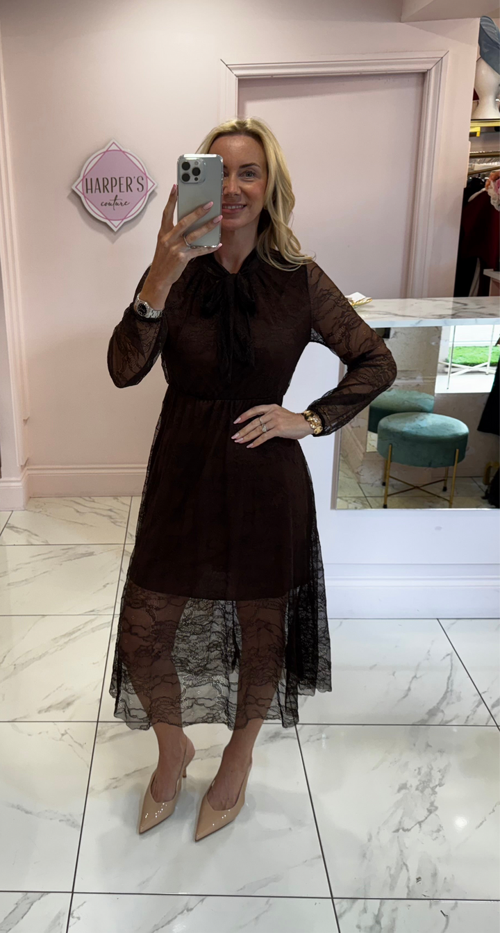 Dionne Chocolate Brown Lace Long Sleeve Dress