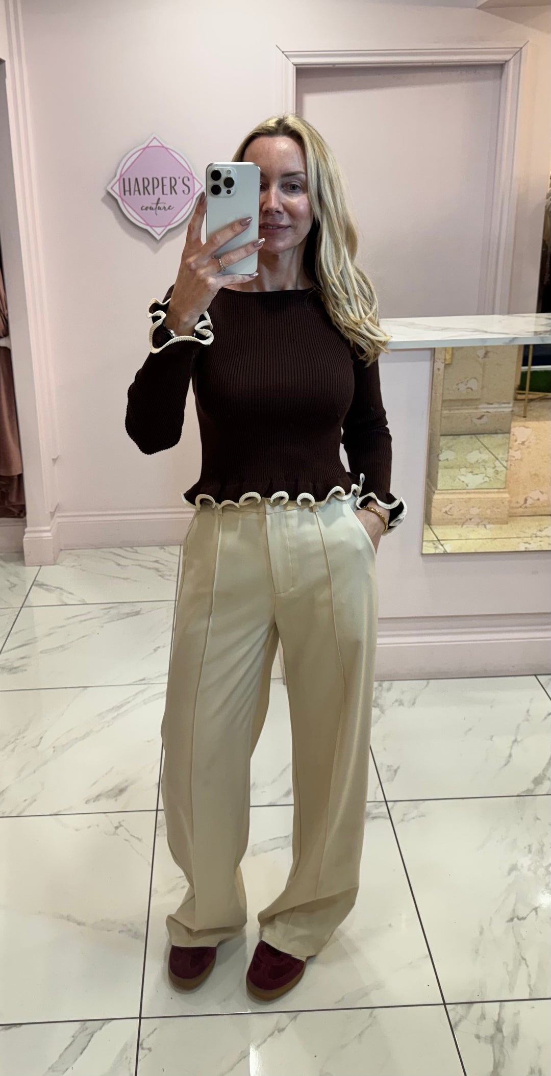 Kylie Cream Seam Front Belted Trousers