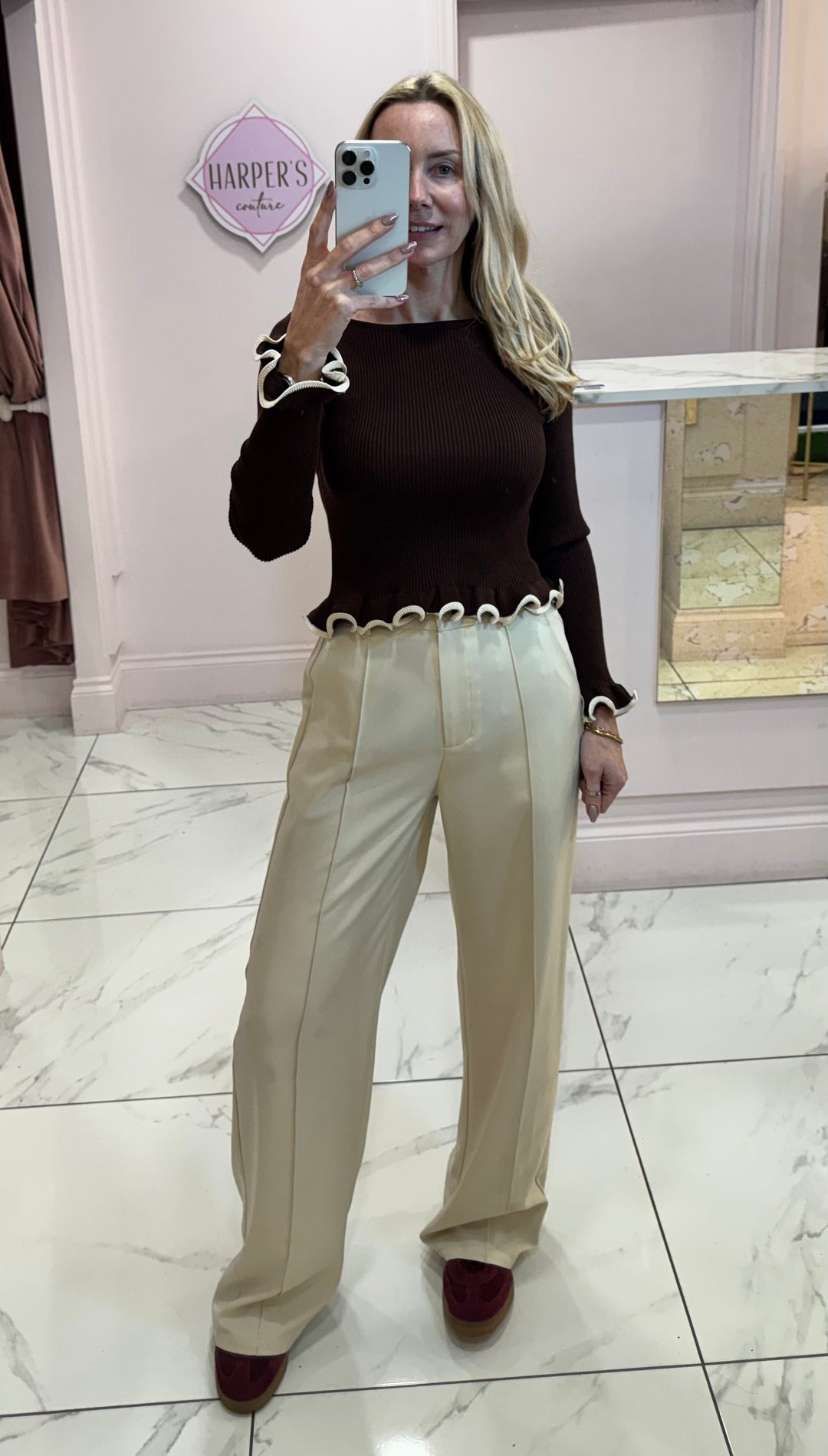 Kylie Cream Seam Front Belted Trousers